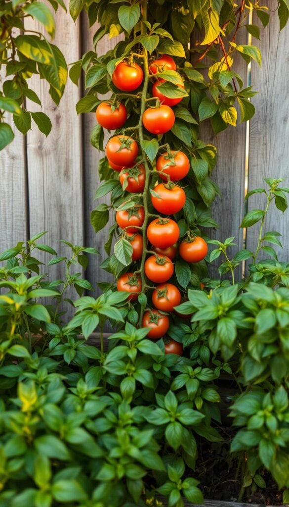 A lush and vibrant garden scene featuring a flourishing arrangement of tomato plants and basil herbs, their leaves gently swaying in a warm, soft breeze. The tomato vines climb gracefully, their ripe, glistening fruit peeking out amidst the densely packed, verdant foliage. Surrounding the central plants, the basil plants sway with a healthy, verdant glow, their aromatic leaves creating a captivating contrast. The composition is framed by a picturesque background of a rustic wooden fence, partially obscured by the thriving greenery. The lighting is warm and natural, casting a gentle, golden hue over the entire scene, conveying a sense of harmony and abundance. The overall mood is one of tranquility and abundance, perfectly capturing the magic of this symbiotic plant pairing.