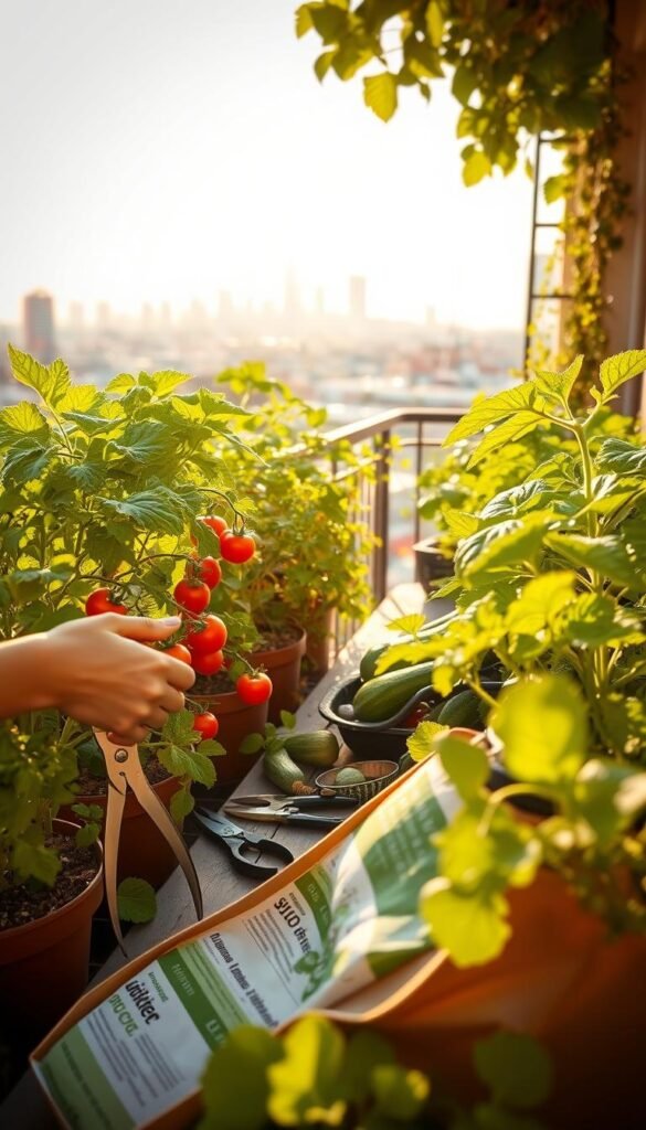 A lush balcony garden, bathed in warm, golden afternoon light. In the foreground, a gardener's hands tenderly prune and water thriving vegetable plants - tomatoes, leafy greens, and compact zucchini. The middle ground showcases a neatly organized workstation, with pruning shears, a watering can, and a bag of organic fertilizer. In the background, a scenic city skyline frames the scene, highlighting the tranquility of this urban oasis. The overall atmosphere is one of calm focus and nurturing care, perfectly capturing the essence of balcony garden maintenance.