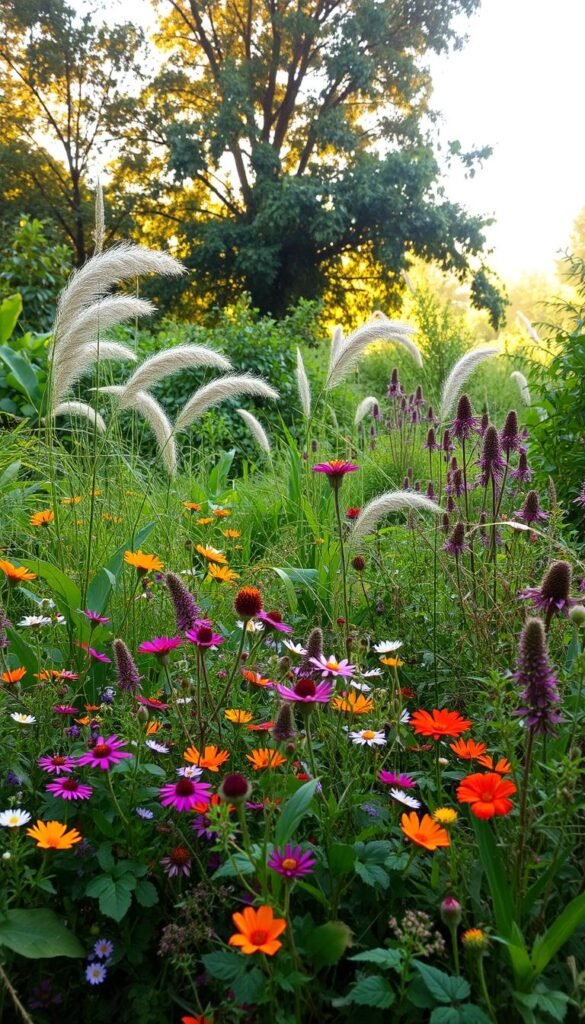 A lush, biodiverse garden in a state of vibrant, organic chaos. The foreground is a tangled mass of vibrant wildflowers, herbs, and verdant foliage, bursting with color and life. In the middle ground, a variety of native plants and grasses sway gently in a soft breeze, creating a sense of movement and energy. The background is filled with a diverse array of trees and shrubs, providing a natural, verdant backdrop to the scene. Warm, soft lighting filters through the canopy, casting a golden glow over the entire garden. The overall impression is one of abundant, unrestrained natural beauty, a harmonious ecosystem teeming with biodiversity.
