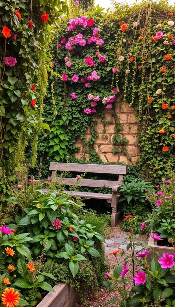 A lush, chaotic garden with overgrown foliage, cascading vines, and bursts of vibrant colors. In the foreground, a tangle of leafy plants, wildflowers, and untamed greenery spill out from raised garden beds. The middle ground features a weathered, rustic wooden bench partially obscured by the abundant vegetation. In the background, a stone wall is draped in a wild, tangled display of climbing plants and flowering blooms, creating a verdant, enclosed sanctuary. Warm, soft lighting filters through the canopy, casting an ethereal, romantic glow over the entire scene. An overall sense of enchanting disorder and unbridled natural expression.