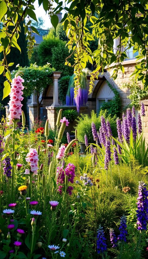 A lush, enchanting cottagecore-inspired garden, bathed in warm afternoon light. In the foreground, an array of vibrant blooms - delicate wildflowers, whimsical foxgloves, and fragrant lavender sprigs. Trailing vines and leafy ferns create a verdant tapestry, framing the scene. In the middle ground, heritage apple trees and a rambling rose trellis add depth and texture. The background features a rustic stone wall, draped with cascading wisteria, hinting at the tranquil serenity beyond. An atmosphere of timeless charm and natural abundance, capturing the essence of a flourishing, year-round cottagecore garden.