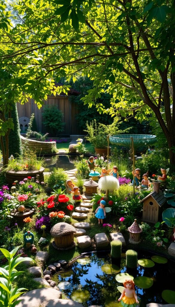 A lush, enchanting fairy garden nestled in a verdant backyard, dappled with sunlight filtering through the canopy of vibrant foliage. In the foreground, a scavenger hunt unfolds, with whimsical fairy figurines, hidden treasures, and handcrafted clues leading children on an engaging, exploratory adventure. The middle ground showcases a mix of blooming flowers, winding pathways, and playful fairy houses, inviting little ones to become immersed in the wonder of nature. In the background, a serene pond reflects the scene, its tranquil waters complemented by the gentle rustling of leaves. The overall atmosphere is one of imagination, discovery, and a deep appreciation for the natural world.