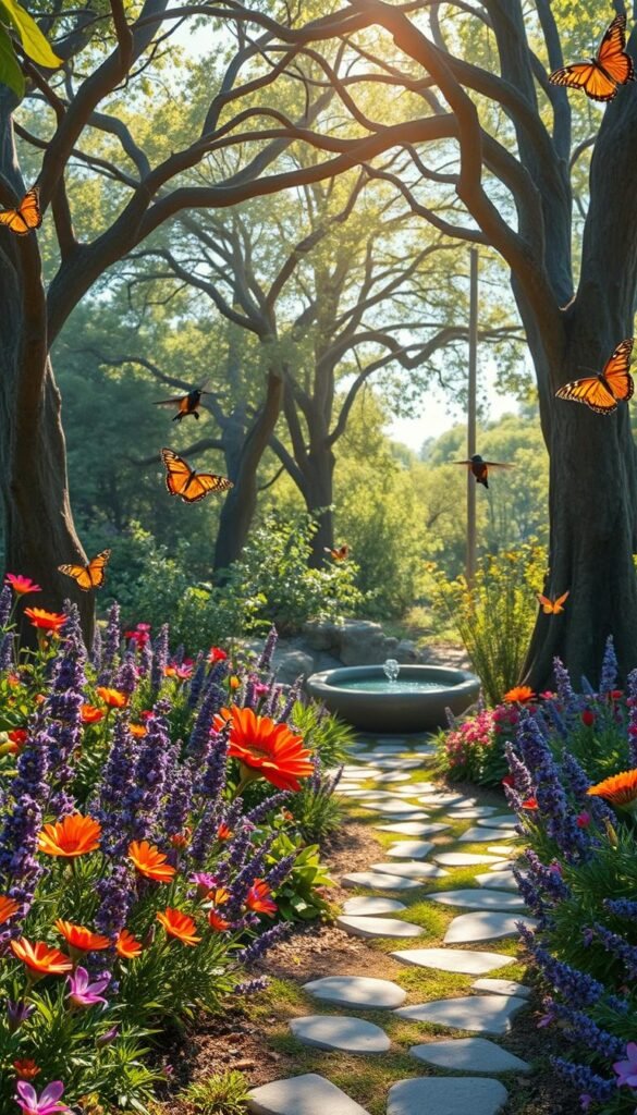 A lush, enchanting sensory garden bursting with vibrant colors and textures. In the foreground, a winding path invites exploration, lined with fragrant flowers and herbs - lavender, sage, and rosemary. In the middle ground, a tranquil water feature gently babbles, its soothing sounds mingling with the rustling of leaves. Towering trees provide dappled shade, their branches creating an intricate canopy above. Sunlight filters through, casting a warm, golden glow that accentuates the garden's natural beauty. Butterflies and hummingbirds flit between the blooms, adding motion and life to the scene. The overall atmosphere is one of serene wonder, encouraging young visitors to engage all five senses and fully immerse themselves in the beauty of the natural world.