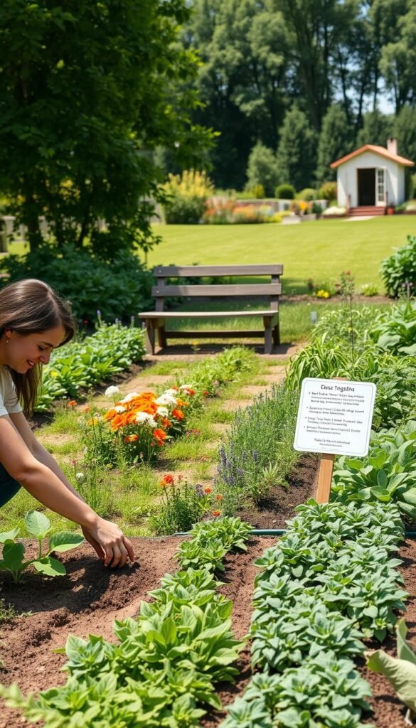 A lush, flourishing organic garden in natural daylight, with a woman in the foreground kneeling and tending to the soil, her hands gently loosening the earth around the plants. Behind her, a mix of vibrant flowers, herbs, and vegetables in neat, orderly rows, showcasing the principles of sustainable gardening. In the middle ground, a wooden bench and a small, informative sign providing tips on garden maintenance. The background features a well-manicured lawn, with a picturesque shed and a row of trees in the distance, conveying a sense of tranquility and harmony. The overall scene exudes a feeling of education, nurturing, and the rewards of responsible, chemical-free gardening.