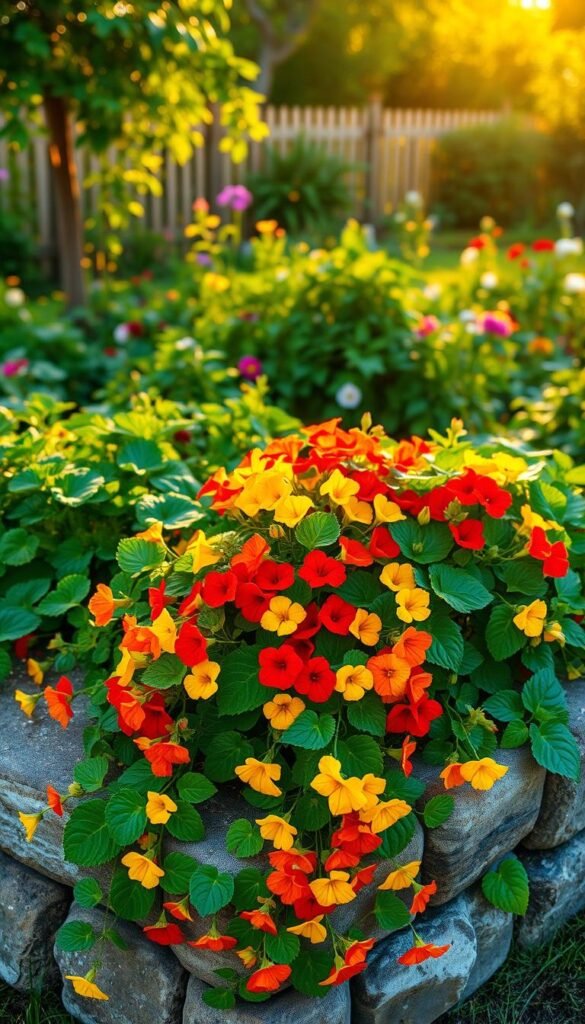 A lush garden bursting with vibrant nasturtiums, their cupped leaves and brightly colored blooms cascading over a stone border. Warm, golden afternoon light filters through the foliage, casting a soft glow. In the middle ground, clusters of nasturtiums spill over the edge, their vines curling and twisting. The background features a verdant, well-tended garden, with other flowering plants and a wooden fence providing a natural frame. The overall scene exudes a sense of tranquility and the cheerful, whimsical nature of these easy-to-grow, edible flowers.