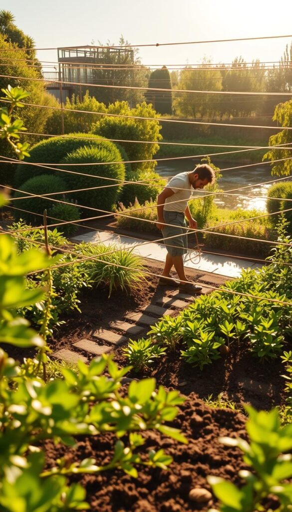 A lush garden layout, with a skilled gardener carefully arranging ropes to optimize sunspot patterns across the landscape. In the foreground, sun-dappled soil and verdant foliage set the scene. The middle ground showcases the gardener, meticulously adjusting the ropes to guide the sunlight, creating an intricate web of illumination. In the background, a tranquil pond reflects the shifting light, adding depth and serenity to the scene. The lighting is soft and natural, with a warm, golden hue that enhances the organic beauty of the garden. The overall mood is one of thoughtful, harmonious planning, where the gardener's expertise and the garden's natural elements converge for maximum efficiency and aesthetic appeal.