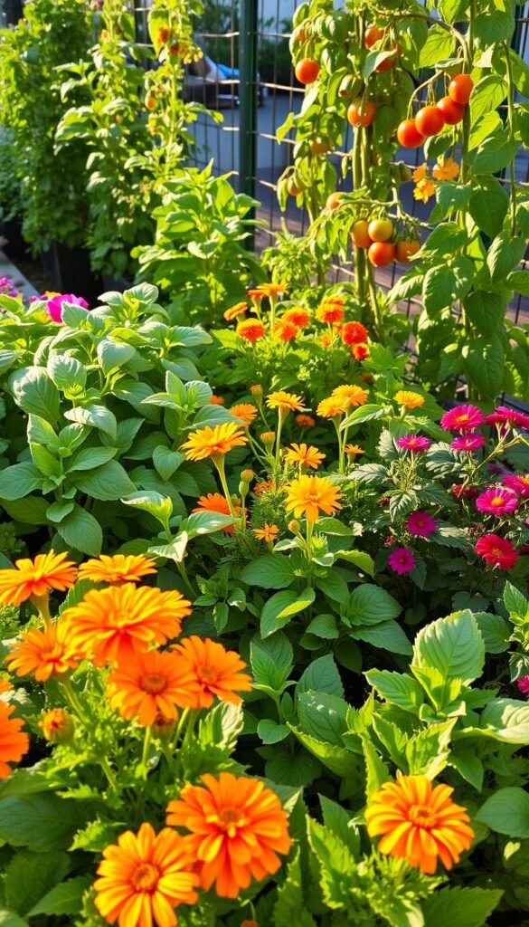 A lush garden scene showcasing a variety of thriving companion plant pairings. In the foreground, vibrant marigolds stand tall alongside the leafy greens of lettuce, creating a visually appealing and symbiotic arrangement. In the middle ground, bushy basil plants intermingle with the delicate flowers of nasturtiums, their bright hues adding a touch of whimsy. In the background, a row of healthy tomato plants climbs up a trellis, their ripe fruits peeking out amidst the verdant foliage. The scene is bathed in warm, golden sunlight, casting a natural, inviting glow over the entire composition. The overall mood is one of harmony, abundance, and the joy of successful companion planting.
