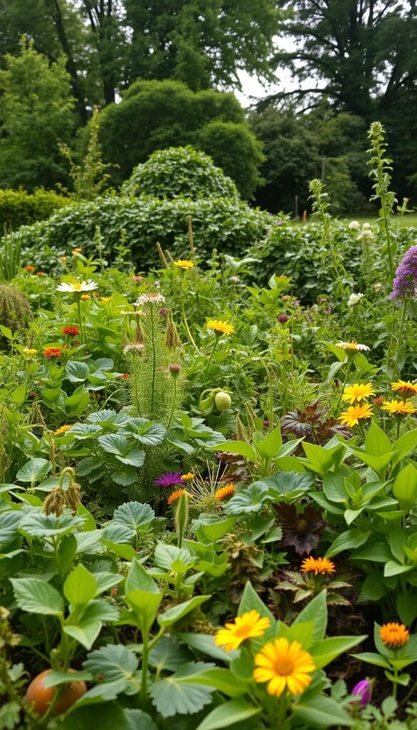 A lush garden teeming with diverse flora and fauna, capturing the essence of companion planting. In the foreground, a vibrant array of vegetables, herbs, and flowers coexist harmoniously, their varied shapes and colors creating a visually captivating tapestry. The middle ground features a blend of leafy greens, trailing vines, and flowering plants, each playing a role in the intricate web of natural pest control and nutrient exchange. The background showcases a verdant backdrop of towering trees and shrubs, providing shade and shelter for a variety of beneficial insects and pollinators. Soft, diffused lighting filters through the verdant canopy, casting a warm, inviting glow over the scene. The overall composition conveys a sense of balance, interconnectedness, and the beauty of a thriving, chemical-free garden ecosystem.