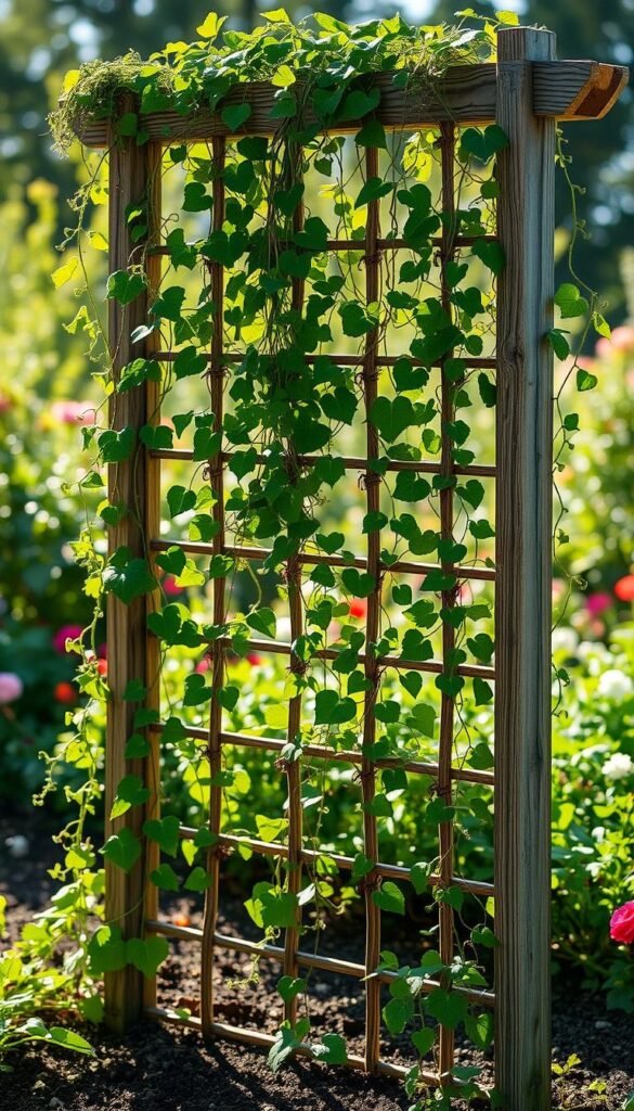 A lush garden trellis adorned with a vibrant tapestry of climbing vines, their delicate tendrils reaching skyward. The structure stands tall, casting gentle shadows that dance across the well-tended soil below. Sunlight filters through the verdant foliage, illuminating the scene with a warm, golden glow. In the background, a blur of other thriving plants and flowers create a serene, natural backdrop, hinting at the benefits of vertical gardening in a small space. The trellis itself is crafted from weathered wood, its rustic charm blending seamlessly with the organic elements. This idyllic tableau captures the essence of the "Benefits of Vertical Gardening for Your Garden."