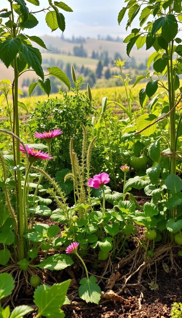 A lush garden where plants thrive together, their roots intertwined, leaves dancing in the soft breeze. In the foreground, leafy greens and vibrant flowers coexist, their stems seemingly reaching out to one another. In the middle ground, a variety of herbs and vegetables stand side by side, their shapes and colors complementing each other. The background features a hazy, sun-dappled landscape, suggesting the harmony and symbiosis that permeates the scene. The lighting is warm and natural, casting a golden glow over the entire composition. The angle is slightly elevated, allowing the viewer to witness the collaborative effort of these companion plants, a true testament to the power of nature's collaborative spirit.