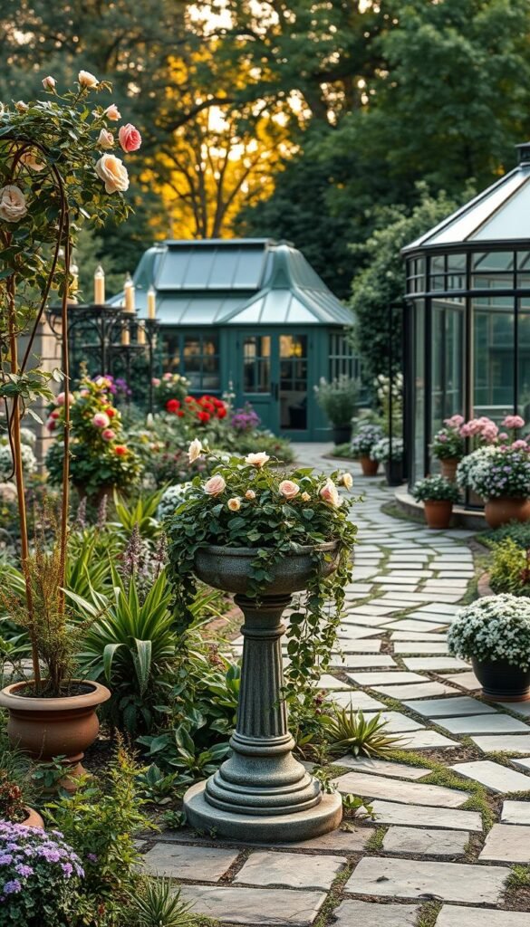 A lush garden where vintage charm meets modern elegance. In the foreground, a weathered stone birdbath overflows with cascading vines and delicate blooms. Surrounding it, a mix of classic perennials and contemporary potted plants create a harmonious balance. The middle ground features a winding garden path, lined with aged stone pavers and flanked by a wrought-iron trellis bearing the weight of climbing roses. In the background, a blend of heritage trees and sleek architectural elements, such as a minimalist glass greenhouse, paint a picture of timeless fusion. Warm, soft lighting filters through the foliage, casting a romantic, nostalgic glow over the entire scene.