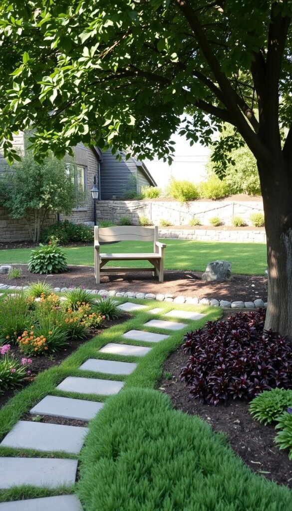 A lush garden with a variety of budget-friendly hardscaping elements. In the foreground, a simple stone path winds through a bed of colorful groundcover plants. Midground, a small, rustic wooden bench sits under the dappled shade of a mature tree. In the background, a low stone wall or retaining wall delineates the garden's edge, accented by a scattering of river rocks. The scene is bathed in soft, natural lighting, capturing the tranquil, earthy atmosphere of an inviting, low-cost backyard oasis.