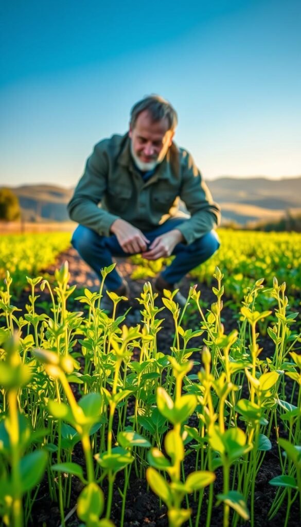 A lush green garden filled with vibrant seedlings in the foreground, their tender leaves gently swaying in the breeze. The afternoon sun casts a warm, golden glow over the scene, illuminating the delicate stems and leaves. In the middle ground, a gardener kneels down, carefully transplanting the seedlings into prepared soil, their expression focused and attentive. In the background, a serene landscape of rolling hills and a clear blue sky, creating a peaceful and tranquil atmosphere. The image conveys the ideal timing for transplanting seedlings, capturing the perfect balance of light, temperature, and soil conditions for their successful growth.