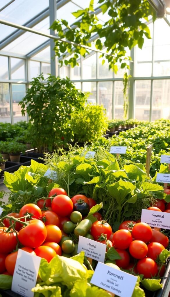 A lush greenhouse, sunlight streaming through the glass panes, casting a warm glow on a vibrant display of seasonal crops. In the foreground, a curated selection of produce - from juicy tomatoes to crisp lettuces, each item labeled with its seasonal planting and harvesting guide. The middle ground showcases an array of herbs, their fragrant leaves swaying gently. In the background, rows of thriving plants, their verdant foliage a testament to the careful attention of the greenhouse gardener. The scene exudes a sense of abundance and the promise of a bountiful harvest, inspiring the viewer to plan their own greenhouse garden for a year-round growing season.