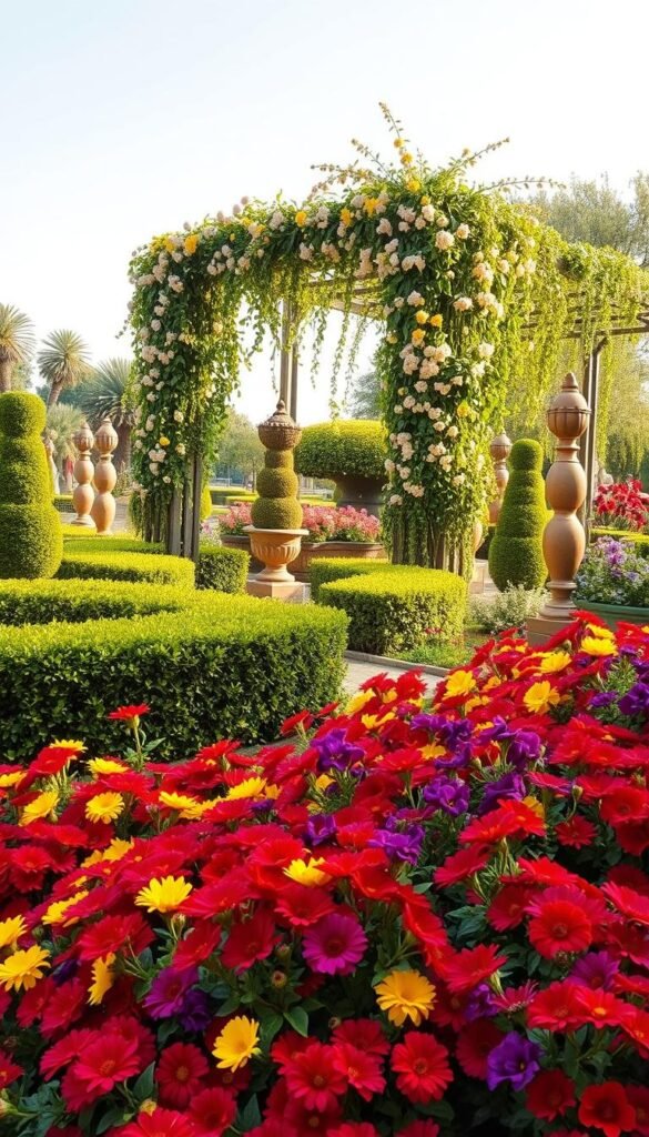 A lush, harmonious garden brimming with a cohesive color scheme. In the foreground, vibrant flower beds spilling over with bold, saturated hues - vivid reds, deep purples, sunny yellows, and verdant greens. The middle ground features neatly trimmed hedges and elegantly sculpted topiaries, their organic shapes complementing the floral arrangements. In the background, a striking pergola draped in cascading vines and trailing flowers, casting a warm, dappled light across the scene. The overall atmosphere is one of balance, relaxation, and timeless beauty, capturing the essence of a carefully curated, vintage-inspired garden design.