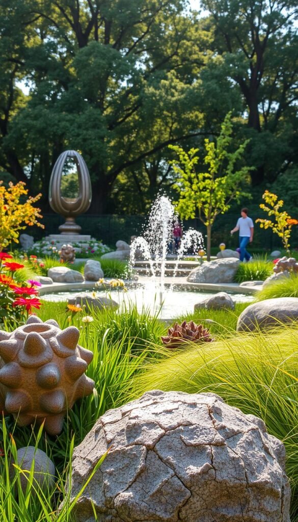 A lush, interactive sensory garden featuring a variety of engaging elements. In the foreground, tactile sculptures with intricate textures invite exploration, surrounded by a diverse array of fragrant flowers and rustling grasses. The middle ground showcases a bubbling water feature, its gentle sounds and reflections adding a soothing ambiance. In the background, a canopy of mature trees filters the warm, diffused sunlight, casting a welcoming, natural atmosphere. The overall scene evokes a sense of curiosity and wonder, encouraging young visitors to engage with their senses and discover the delights of the garden.