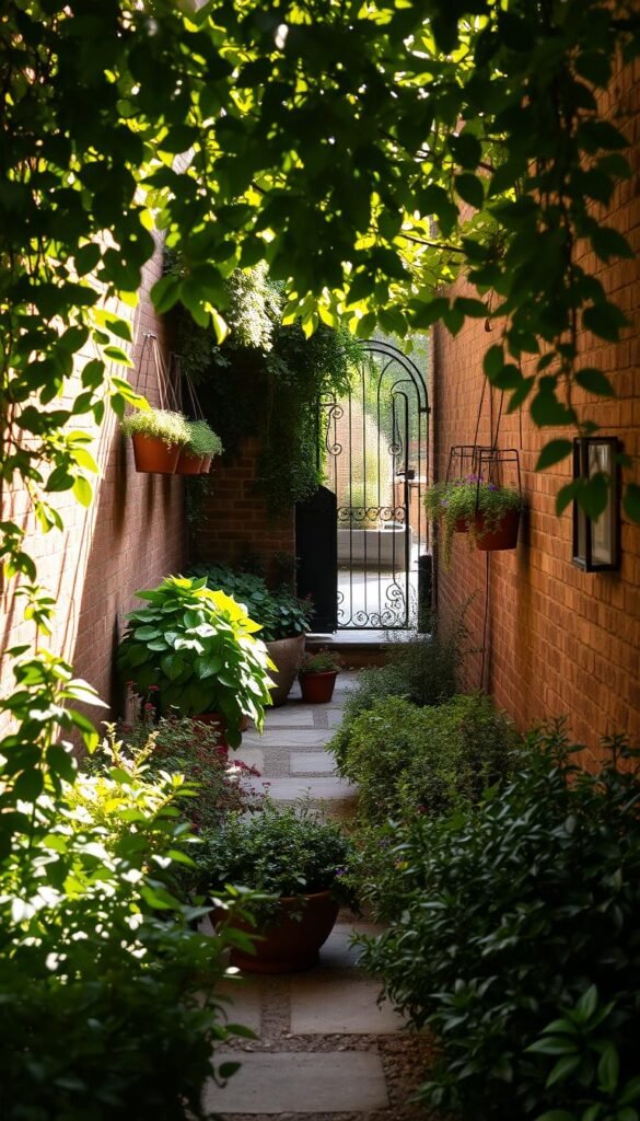 A lush, intimate garden constrained by brick walls and winding pathways. Dappled sunlight filters through overhanging greenery, casting intricate shadows across the weathered stone. In the foreground, a variety of potted plants and hanging baskets spill over the edges, creating a sense of abundance within the limited space. The middle ground features carefully curated arrangements of leafy shrubs and flowering perennials, their vibrant hues and textures contrasting with the subdued tones of the surrounding architecture. In the background, a glimpse of a wrought-iron gate hints at the world beyond, underscoring the garden's self-contained nature. Warm, earthy tones and a sense of quiet contemplation pervade the scene, inviting the viewer to consider the unique challenges and opportunities of small-space gardening.
