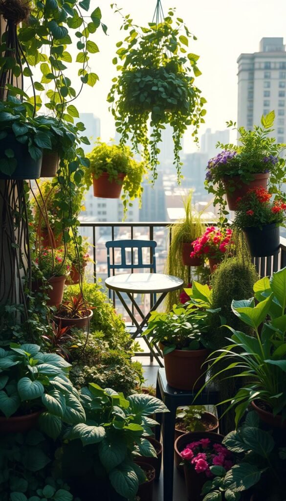 A lush, inviting balcony garden brimming with thriving plants and vibrant greenery. In the foreground, a mix of potted herbs, leafy vegetables, and colorful flowers create a cascading, natural display. Trailing vines and hanging baskets add depth and texture, with dappled sunlight filtering through. In the middle ground, a small bistro set offers a cozy spot to relax and admire the verdant oasis. The background showcases the urban cityscape, providing a serene contrast to the organic paradise. Soft, warm lighting casts a gentle glow, evoking a sense of tranquility and harmony. The overall scene exudes a feeling of sustainability, inviting the viewer to embrace an eco-friendly lifestyle.