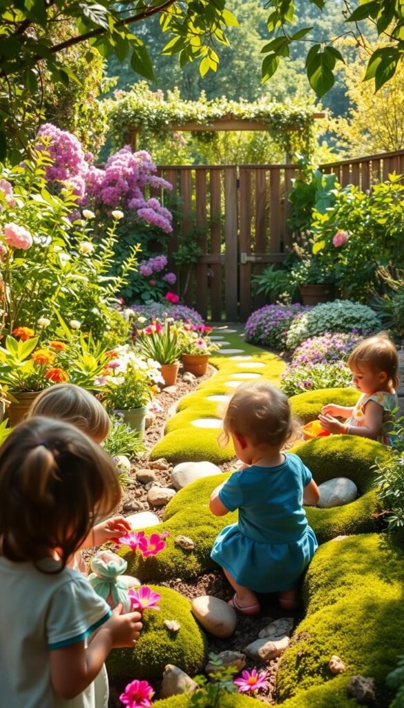A lush, inviting garden filled with whimsical, hands-on sensory activities for young children. In the foreground, a group of preschoolers explore textures, colors, and scents, interacting with a variety of natural elements like fragrant flowers, smooth stones, and soft moss. In the middle ground, a small, winding path leads through a vibrant display of blooming plants and lush greenery. Sunlight streams down, casting a warm, gentle glow over the scene. In the background, a wooden fence or trellis frames the garden, hinting at the wider world beyond. The overall atmosphere is one of discovery, creativity, and a deep connection to the natural world.