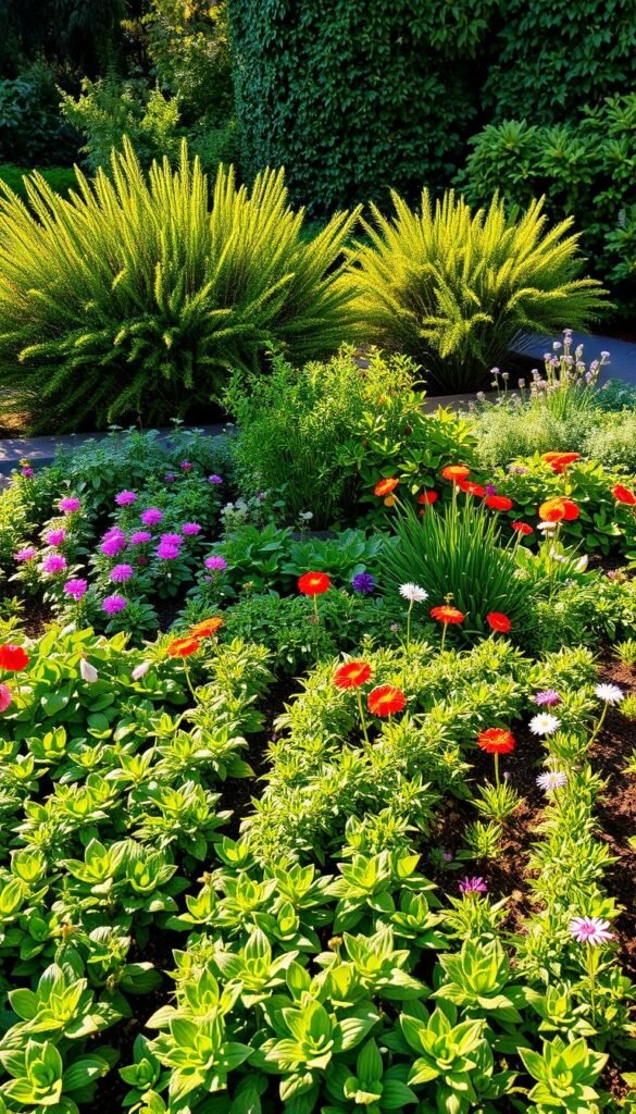 A lush, meticulously arranged garden bed, with evenly spaced rows of vibrant plants and flowers in bloom. The foreground showcases a variety of leafy greens, herbs, and colorful blooms, artfully arranged with ample space between each plant to allow for healthy growth. The middle ground features a mix of larger shrubs and bushes, their foliage creating a natural, textured backdrop. Warm, golden sunlight filters through the scene, casting a gentle glow and creating long, soft shadows. The overall composition conveys a sense of harmony, balance, and careful planning, perfectly illustrating the principles of avoiding overcrowding in a small space garden.