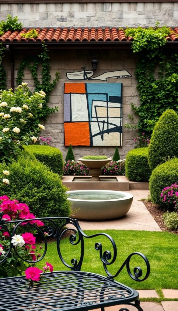 A lush, meticulously manicured garden, where antique and modern elements seamlessly coexist. In the foreground, a wrought-iron bench, its intricate design a testament to the past, is flanked by vibrant blooms and sculpted hedges. The middle ground features a sleek, minimalist water feature, its clean lines and smooth surfaces a striking contrast to the surrounding verdant foliage. In the background, a weathered stone wall serves as a canvas for a modern abstract mural, its bold colors and geometric patterns adding a contemporary touch to the scene. Soft, diffused lighting casts a warm, inviting glow, creating a harmonious blend of old and new, a timeless oasis of tranquility.