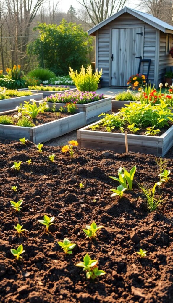 A lush, meticulously tended square foot garden, its beds bursting with life as the warm spring sun bathes the scene in a gentle, golden glow. In the foreground, freshly turned soil lies ready, dotted with vibrant seedlings and young plants waiting to be lovingly transplanted. The middle ground showcases neatly arranged raised beds, their edges lined with weathered timber, surrounded by a vibrant tapestry of budding flowers and verdant foliage. In the distance, a quaint wooden shed stands as a backdrop, its weathered siding complementing the earthy tones of the garden. The atmosphere is one of rejuvenation and anticipation, as the gardener prepares to nurture this verdant oasis through the seasons to come.