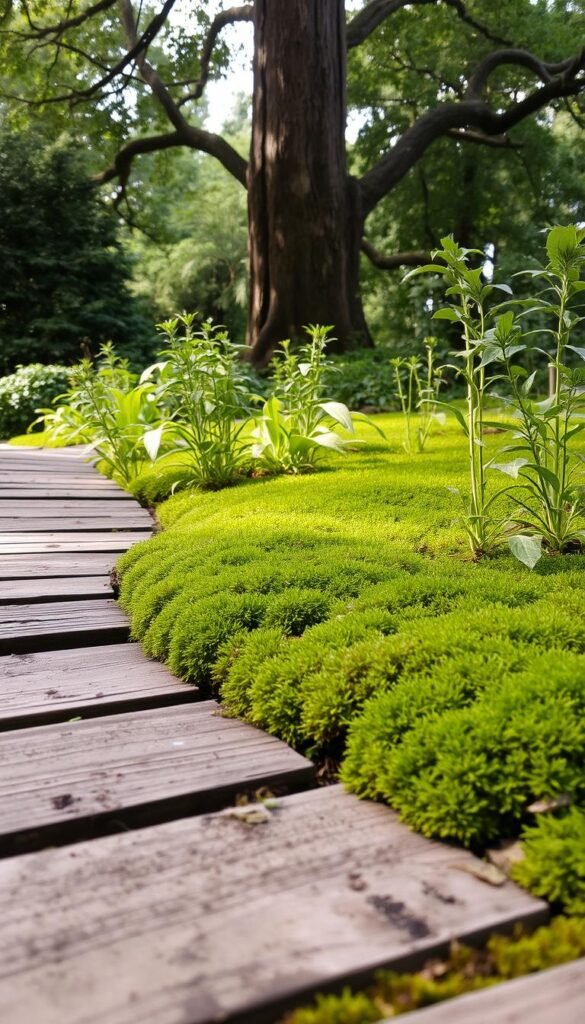 A lush, natural garden scene with a harmonious blend of textures. In the foreground, a mossy carpet covers the ground, its soft, earthy tones contrasting with the weathered, wooden planks of a rustic path. Mid-ground features a variety of plants, their leaves and stems creating a tapestry of organic patterns and subtle hues. Towering trees in the background cast dappled light, their bark and branches adding depth and character. The scene is illuminated by soft, natural lighting, creating a serene and timeless atmosphere that invites exploration and tranquility.