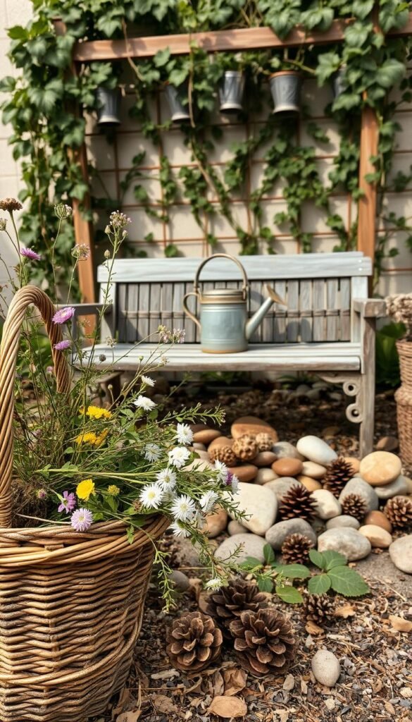 A lush, natural garden scene with an array of earthy materials and vintage decor elements. In the foreground, a woven rattan basket overflows with fragrant wildflowers, twigs, and sprigs of greenery. In the middle ground, an antique watering can rests on a weather-worn wooden bench, surrounded by a mix of smooth river stones, pinecones, and dried leaves. In the background, a trellis supports a cascading vine, casting dappled shadows across the scene. The lighting is soft and diffused, creating a warm, romantic atmosphere. Captured with a wide-angle lens to showcase the full, cozy composition.