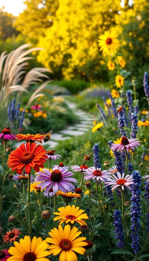 A lush, natural pollinator garden in golden afternoon light. In the foreground, a vibrant array of native flowers - bright zinnias, delicate purple coneflowers, and fragrant lavender. Bees and butterflies flit from blossom to blossom, their graceful movements captured in a shallow depth of field. The middle ground reveals a meandering garden path, flanked by wispy ornamental grasses and clusters of nodding sunflowers. In the background, a verdant, wooded border frames the scene, casting warm, diffused shadows. An atmosphere of tranquility and abundance, inviting visitors to discover the delights of a thriving pollinator haven.