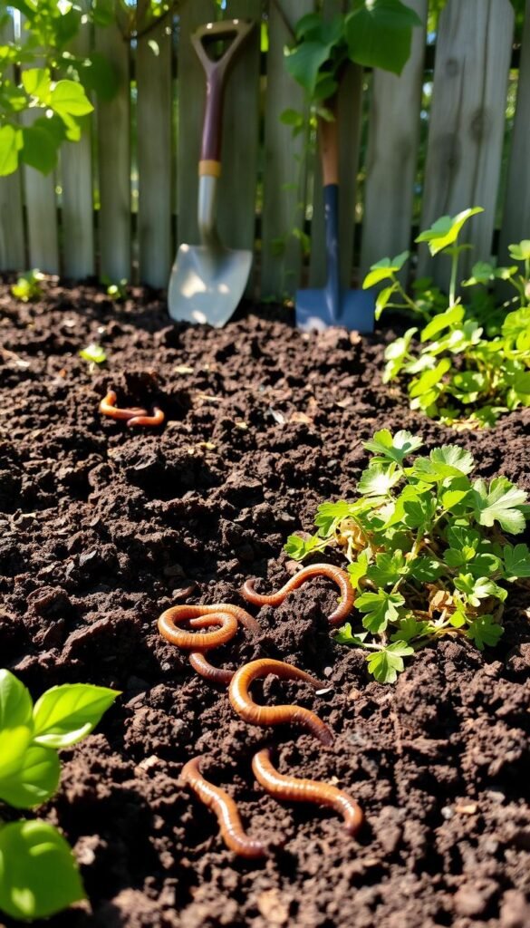 A lush, nutrient-rich garden soil, freshly tilled and brimming with organic matter. Sunlight filters through verdant leaves, casting a warm, earthy glow. In the foreground, earthworms burrow through the dark, crumbly loam, aeration channels visible. Clusters of vibrant green compost and decaying plant matter mingle with the soil, nourishing the land. Shovels and gardening tools lean against a weathered wooden fence in the background, ready for the next phase of cultivating a chemical-free haven. The scene exudes a sense of harmony, abundance, and the promise of a bountiful, organic harvest.