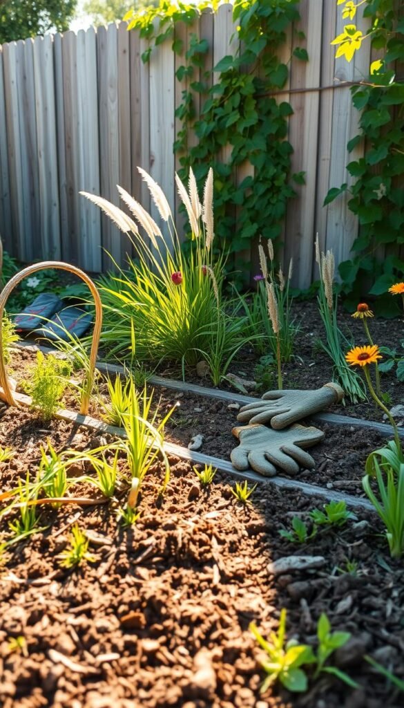 A lush, organic no-till garden bed nestled in a sunlit backyard. In the foreground, freshly tilled soil with a light dusting of compost and mulch, ready to nurture thriving vegetables and herbs. Surrounding the bed, a mix of native grasses and wildflowers sway gently in a warm breeze. In the middle ground, a pair of well-worn gardening gloves and a trowel rest on a weathered wooden plank, evidence of the caretaker's diligent efforts. The background features a sturdy wooden fence, partially obscured by verdant climbing vines, creating a sense of natural enclosure. The scene is bathed in soft, golden light, capturing the tranquility and productivity of this carefully curated no-till garden oasis.