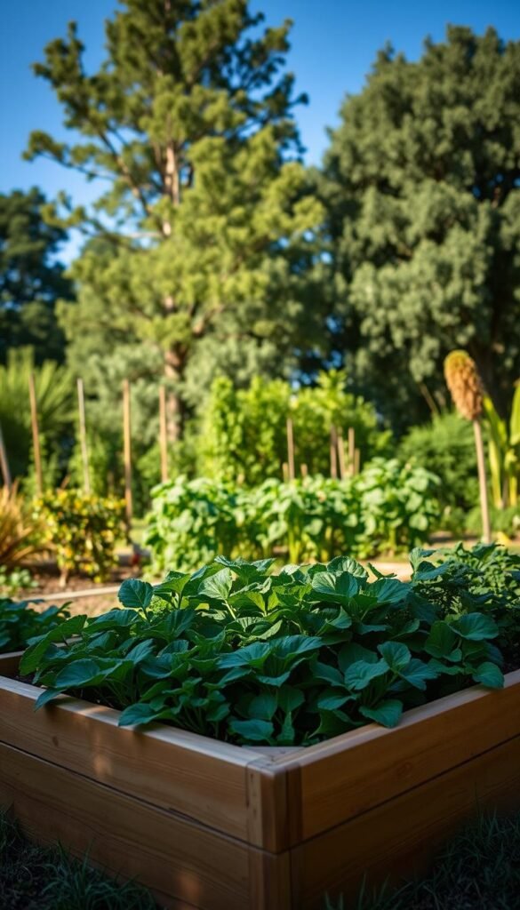 A lush outdoor garden with a raised planter bed in the foreground, set against a backdrop of verdant trees and a clear blue sky. The bed is made of warm-toned wood, with a neat, well-tended layout of various leafy greens and vibrant vegetables. The scene is bathed in soft, natural lighting, creating a peaceful, inviting atmosphere. The camera angle is slightly elevated, showcasing the bed's ideal positioning - tucked away in a corner of the garden, with ample sunlight and easy access. The overall composition highlights the benefits of choosing the perfect location for a raised bed, with elements that inspire a sense of tranquility and the joy of homegrown produce.