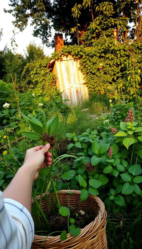 A lush, overgrown chaos garden at dusk, with a lone gardener carefully managing the weeds. In the foreground, their hands are delicately pulling out stubborn plants, while a basket of uprooted weeds sits nearby. The middle ground features a tangle of vibrant foliage, with diverse textures and shapes casting dramatic shadows under the warm, golden light. In the background, a weathered garden shed stands, partially obscured by the verdant growth, hinting at the owner's commitment to this untamed paradise. The scene exudes a sense of peaceful concentration, a serene battle against the chaos of nature, echoing the challenges of embracing a more organic, free-flowing approach to gardening.