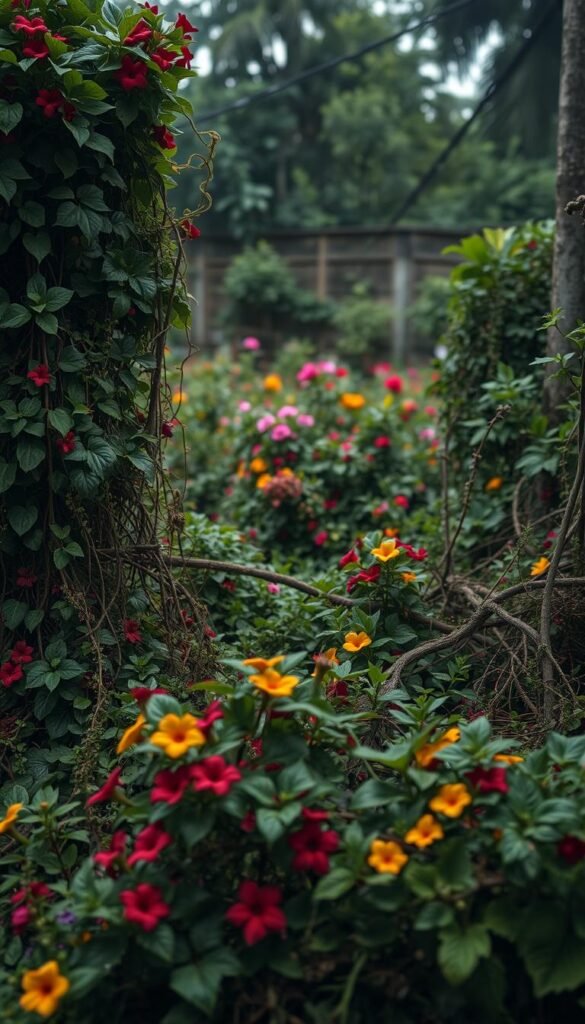 A lush, overgrown garden bursting with vibrant, intertwining flora in disarray. In the foreground, a tangle of untamed vines, leaves, and blooms in a riot of colors spill across the frame, creating a sense of chaotic abundance. The middle ground reveals a jumble of struggling plants competing for limited space and resources, their growth patterns irregular and haphazard. In the distance, a blurred, partially obscured background suggests the encroachment of the garden's untamed nature, casting shadows and dappled light across the scene. The overall lighting is soft and diffused, evoking a dreamlike, almost mystical atmosphere, heightening the sense of the garden's untamed and uncontrolled nature.