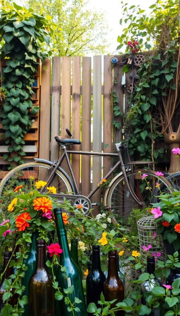 A lush, overgrown garden filled with whimsical upcycled items. In the foreground, a cluster of colorful glass bottles, repurposed as planters, overflow with cascading vines and vibrant blooms. In the middle ground, a vintage bicycle frame is transformed into a towering trellis, supporting a tangled web of climbing plants. The background features a mosaic of recycled materials - discarded wooden pallets, metal gears, and discarded trinkets - forming a fence that frames the scene. Soft, warm lighting filters through the foliage, creating a cozy, inviting atmosphere. The overall composition celebrates the endless possibilities of repurposing and the way creative gardening can transform the ordinary into the extraordinary.
