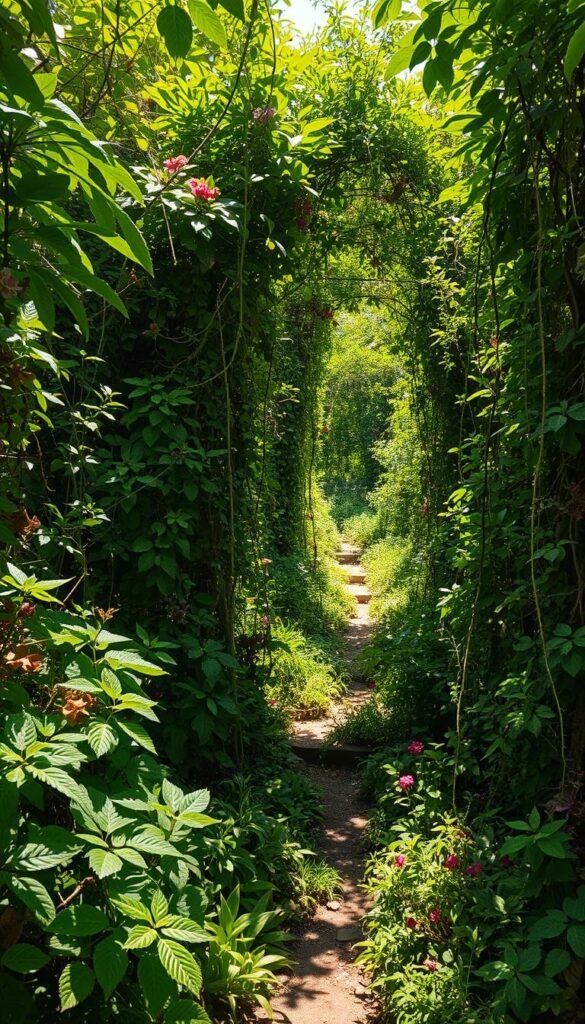 A lush, overgrown garden in a state of harmonious chaos. The foreground is a tangle of vibrant, untamed vegetation - vines, leaves, and flowers in a riot of colors, textures, and patterns. Sunlight filters through the canopy, casting dappled shadows and creating an ethereal atmosphere. In the middle ground, a path winds its way through the thriving growth, hinting at a sense of order amidst the disorder. The background is a blur of verdant foliage, suggesting an endless expanse of this organic, digital landscape. The overall impression is one of a dynamic, visually captivating ecosystem, reflecting the rise of the "chaos gardening" trend in the modern, tech-driven world.