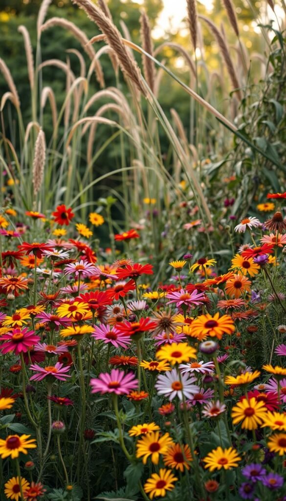 A lush, overgrown garden overflowing with a vibrant tangle of wildflowers. In the foreground, a riot of colorful blooms - cosmos, sunflowers, zinnias, and more - reaching skyward. In the middle ground, towering grasses and tangled vines create a sense of wild abandon. The background features a dreamy, out-of-focus blur, hinting at the verdant chaos beyond. The lighting is soft and diffused, casting a warm, golden glow that illuminates the scene. Captured with a wide-angle lens to emphasize the abundant, unrestrained nature of this "wildflower chaos garden."