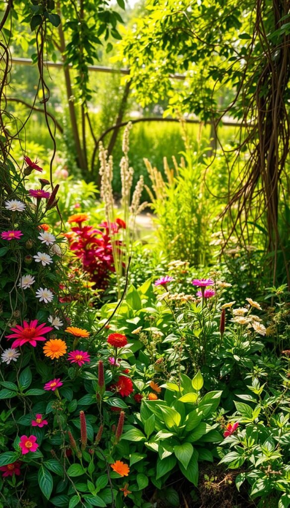 A lush, overgrown garden where plants intertwine in a seemingly chaotic arrangement. Vibrant florals and verdant foliage cascade across the foreground, with trailing vines and unruly stems creating a sense of untamed beauty. In the middle ground, clusters of eclectic, mismatched plants jostle for space, each vying for the sun's attention. The background is a soft, dreamy blur of verdant hues, hinting at the depth and complexity of this wild, unstructured oasis. Dappled sunlight filters through the canopy, casting a warm, golden glow that adds to the sense of natural harmony. This is a garden where order gives way to the whimsical dance of nature, inviting the observer to embrace the beauty of unfettered growth.