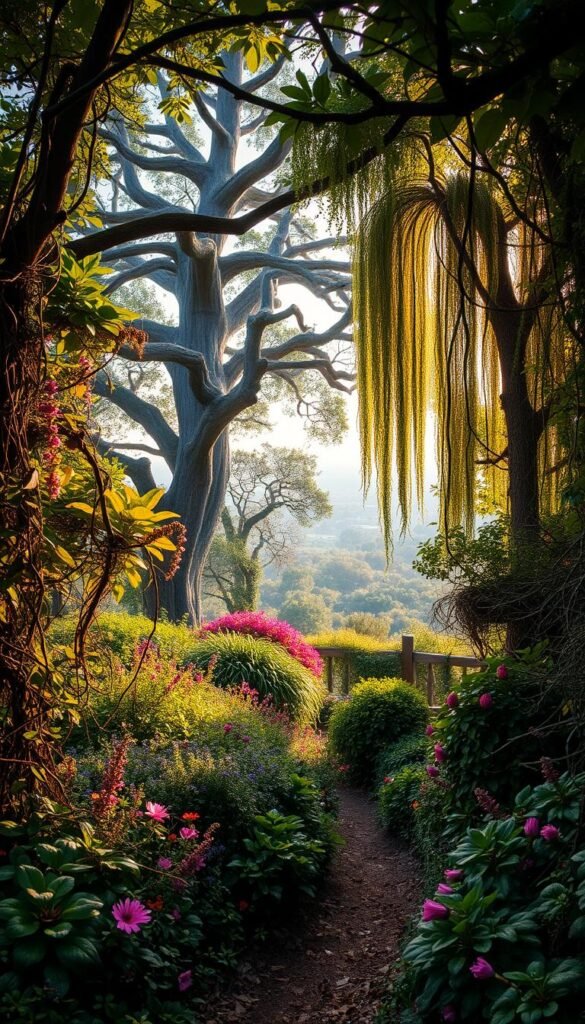 A lush, overgrown oasis of natural chaos, with tangled vines, vibrant blooms, and a riot of verdant foliage. The foreground is a profusion of wild, untamed plants spilling over winding garden paths, their tendrils and leaves intertwined in a mesmerizing display. The middle ground features a mix of towering, gnarled trees and cascading shrubs, casting dappled shadows and creating an aura of enchantment. In the background, a dreamlike, hazy landscape unfolds, hinting at the boundless possibilities of a garden embracing the principles of organic growth and unrestrained beauty. Soft, warm lighting filters through the canopy, imbuing the scene with a serene, ethereal atmosphere that invites the viewer to step into this sanctuary of natural chaos.