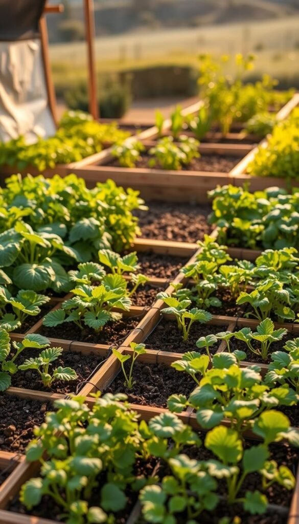 A lush square foot garden bed brimming with a variety of healthy, thriving plants. The foreground features neatly organized grid sections, each containing a different vegetable or herb. The middle ground showcases the raised bed structure, with sturdy wooden frames and rich, dark soil. The background has a blurred, natural landscape, hinting at the garden's setting. Warm, diffused sunlight filters through, casting gentle shadows and highlighting the vibrant foliage. The overall scene conveys a sense of order, productivity, and the rewarding connection between gardener and land.