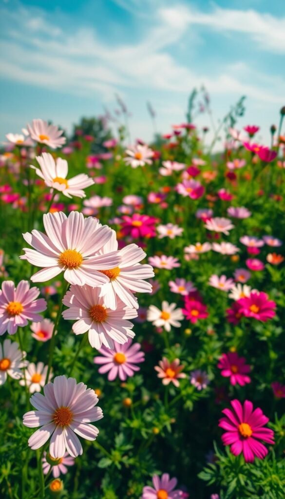 A lush, sun-dappled garden filled with delicate cosmos flowers swaying gently in the breeze. In the foreground, clusters of pale pink and white petals flutter, their centers a vibrant burst of golden yellow. The middle ground features a riot of color, with cosmos in shades of lavender, fuchsia, and crimson interspersed among verdant foliage. In the background, a hazy blue sky with wispy clouds adds a sense of tranquility. The lighting is soft and diffused, creating a warm, inviting atmosphere. Captured with a wide-angle lens, the composition draws the eye through the frame, showcasing the cosmos' airy, whimsical charm.