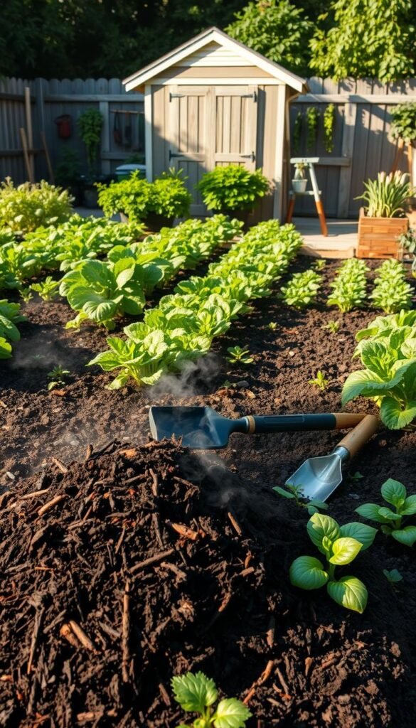 A lush, sun-dappled garden scene showcasing various soil and compost hacks for healthy plants. In the foreground, a rich, dark compost heap steams gently, surrounded by an array of gardening tools. The middle ground features rows of thriving vegetable plants, their leaves glistening with moisture. In the background, a neatly organized tool shed stands, its weathered wooden walls contrasting with the vibrant greenery. The lighting is soft and warm, casting long shadows and highlighting the textural details of the soil, compost, and plants. The overall mood is one of tranquility and abundance, inviting the viewer to explore the secrets of nurturing a thriving backyard garden.