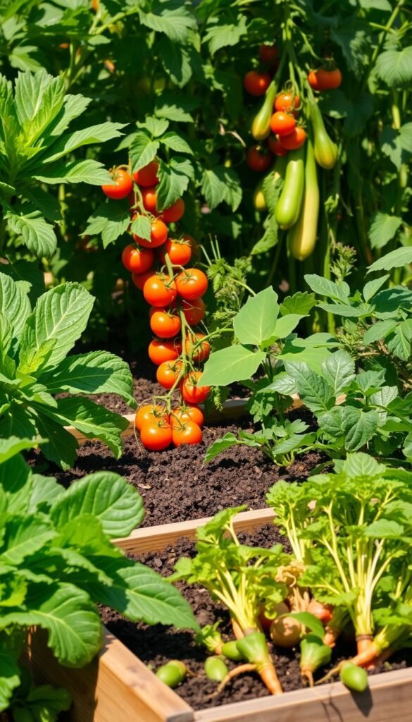 A lush, sunlit garden filled with a variety of easy-to-grow vegetables. In the foreground, vibrant green leafy greens like kale and spinach sway gently in a light breeze. In the middle ground, plump tomatoes in shades of red and orange cluster on thriving vines, while zucchini and squash plants stretch skyward. In the background, a wooden garden bed filled with rich, dark soil provides the perfect canvas for a healthy assortment of root vegetables, such as carrots and radishes, their tops peeking out from the earth. The scene is bathed in warm, golden light, evoking a sense of abundance and the joy of homegrown produce.