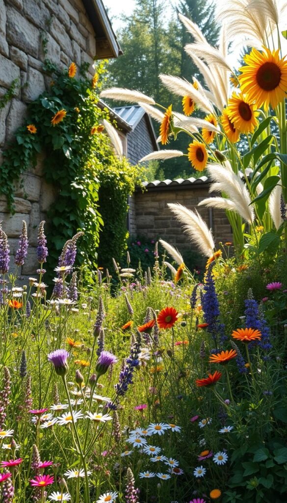 A lush, sunlit garden overflows with a vibrant selection of cottagecore plants. In the foreground, delicate wildflowers such as lavender, chamomile, and cosmos sway gently. The middle ground features a mix of herbs like rosemary, thyme, and sage, their earthy aromas filling the air. Sprawling vines of trailing ivy and climbing roses adorn the weathered stone walls, creating a sense of timeless enchantment. Towering sunflowers and billowing ornamental grasses in the background add depth and texture, framing the scene. Soft, golden light filters through the canopy, casting a warm, dreamlike glow over the entire composition. A whimsical, fairytale-inspired vision of a charming cottagecore garden.