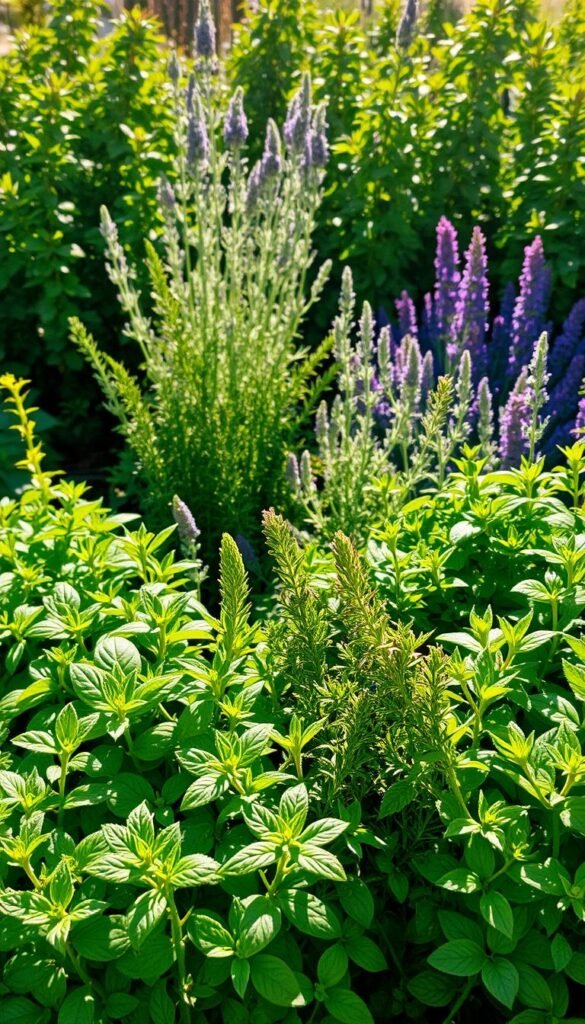 A lush, sunlit garden showcasing a bountiful array of companion herbs. In the foreground, a vibrant display of thriving basil, rosemary, and oregano plants, their verdant foliage glistening with morning dew. In the middle ground, a harmonious mix of fragrant lavender, fragrant thyme, and bushy sage plants, their unique textures and hues complementing each other. The background features a backdrop of towering leafy greens, framing the scene with a sense of depth and natural abundance. The lighting is warm and soft, casting a gentle glow over the entire composition, evoking a serene and inviting atmosphere. The overall scene celebrates the synergistic beauty and practical benefits of companion planting with a diverse selection of flavorful and health-promoting herbs.