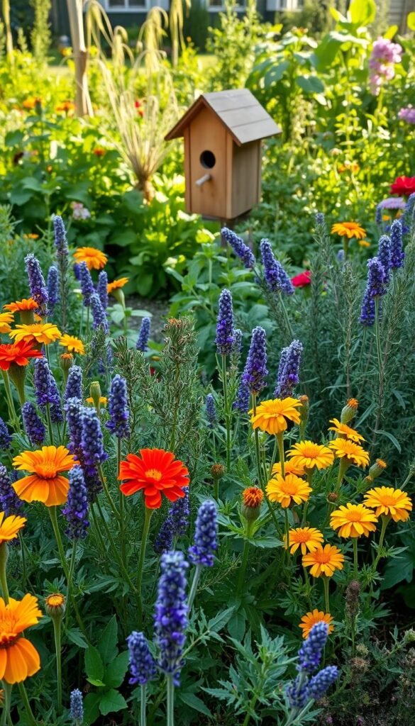 A lush, thriving organic garden filled with natural pest control methods. In the foreground, an assortment of companion plants like marigolds, lavender, and rosemary, their vibrant colors and textures creating a visually appealing tapestry. The middle ground showcases a wooden birdhouse, its presence inviting beneficial birds to the scene. In the background, a diverse array of plants and herbs, each playing a role in maintaining a balanced, chemical-free ecosystem. The lighting is soft and natural, casting a warm, inviting glow over the entire composition. The overall mood is one of harmony, where nature's own remedies take center stage, creating a sustainable and pesticide-free haven.
