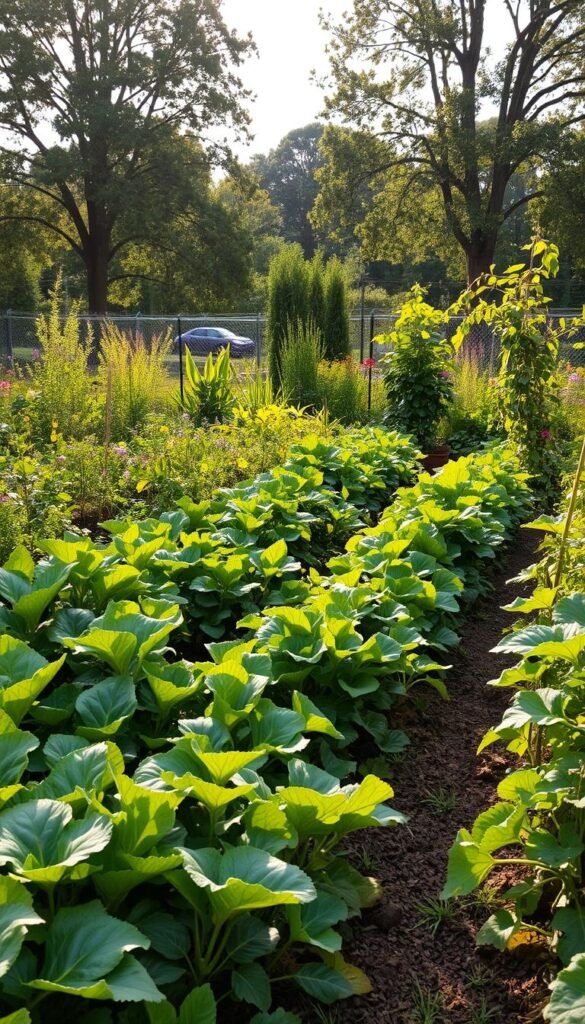 A lush, thriving perennial vegetable garden nestled in a serene, sun-dappled landscape. In the foreground, rows of hardy, leafy greens and vibrant root vegetables stand tall, their foliage gently swaying in a gentle breeze. Trailing vines of sprawling squash and climbing beans crisscross the scene, creating a tapestry of complementary colors and textures. In the middle ground, a mix of perennial herbs and flowering plants add pops of fragrance and visual interest, attracting a variety of pollinators. The background features a backdrop of mature trees, their branches filtering the warm, golden light that casts a welcoming glow over the entire garden. The overall atmosphere is one of abundance, self-sufficiency, and the effortless harmony of a truly sustainable, low-maintenance landscape.