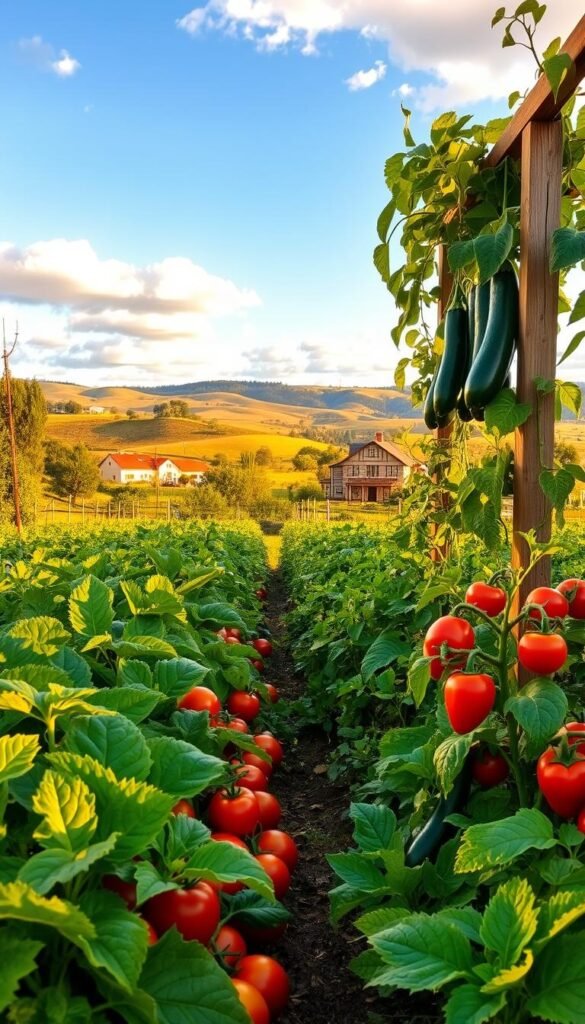 A lush, thriving vegetable garden under warm, golden afternoon sunlight. In the foreground, rows of vibrant leafy greens, plump tomatoes, and colorful bell peppers flourish, their leaves gently swaying. In the middle ground, a wooden trellis supports climbing vines laden with tender squash and zucchini. The background showcases a picturesque landscape of rolling hills, with a quaint farmhouse and a clear blue sky dotted with fluffy clouds. The overall scene exudes a sense of abundance, harmony, and the rewarding results of carefully selecting the right vegetable varieties for a beginner's garden.