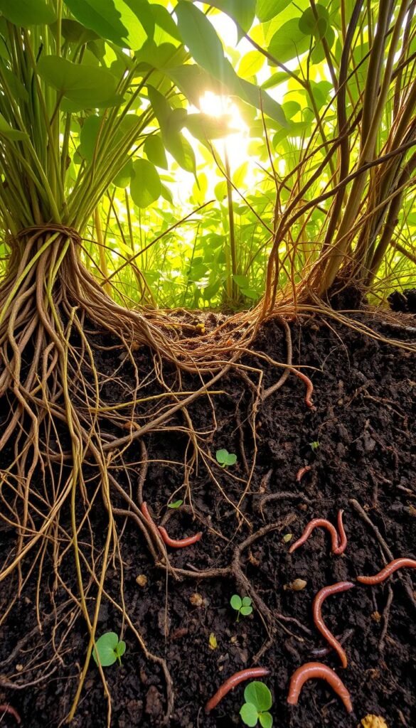 A lush, undisturbed soil ecosystem teeming with life. Sunlight filters through verdant foliage, casting a warm, natural glow. In the foreground, intricate networks of fine roots and mycelium intertwine, interlocking the soil structure. Midground reveals a diverse array of soil-dwelling organisms, from crawling insects to burrowing earthworms. Deeper in the background, an intricate web of decaying organic matter nourishes the soil, providing a rich, dark hue. The scene conveys a sense of balance, harmony, and the unseen but vital processes that sustain a healthy, living soil without disturbance.
