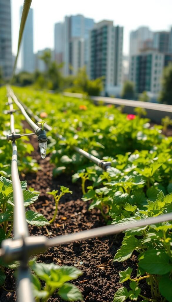 A lush urban garden thrives under the benefits of a drip irrigation system. In the foreground, verdant plants soak up the gentle trickle of water, their leaves glistening in the warm sunlight. The middle ground showcases a variety of flourishing herbs, vegetables, and flowers, their roots nourished by the efficient drip lines. In the background, a cityscape of modern buildings frames the scene, highlighting the integration of nature and technology. The lighting is soft and diffused, creating a serene and inviting atmosphere. The camera angle is slightly elevated, capturing the entire irrigation setup and emphasizing the harmony between the urban environment and the thriving garden.